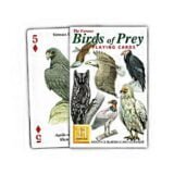 The Famous Birds of Prey Playing Cards from Heritage Playing Cards box cover with 5 diamonds card behind the box