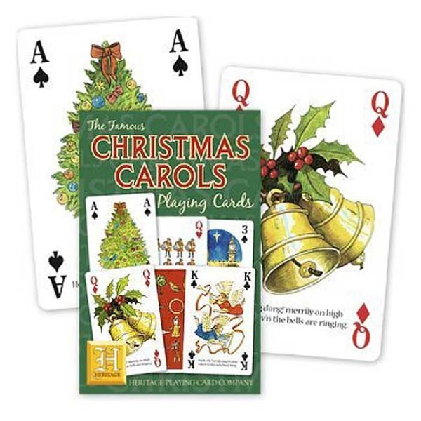 Heritage playing cards The famous Christmas Carols green box cover an Ace of Spaces and Queen of diamonds behind