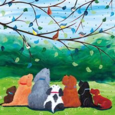 eco-friendly greetings card by Nicky Corker with several colourful dogs sat under a tree filled with birds