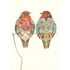 Illustration of two Robins one facing front and one facing back by Daniel Mackie of The DM Collection, blank single greeting card and Christmas card