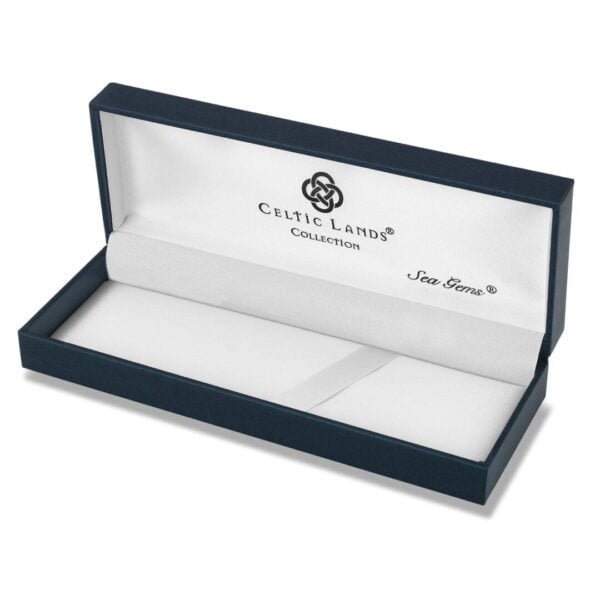 Hard Care dark blue Celtic Lands Box open to show a white satin inner on a white background