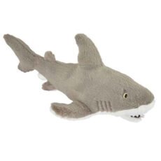 Eco-friendly Ravensden Shark in greay and white fur cuddly toy on a white background