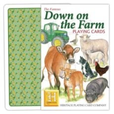 The front of the pack of Down on the Farm Heritage playing cards, an illustrated deck of cards with the card reverse pattern just showing behind the pack