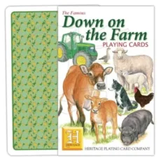 The front of the pack of Down on the Farm Heritage playing cards, an illustrated deck of cards with the card reverse pattern just showing behind the pack