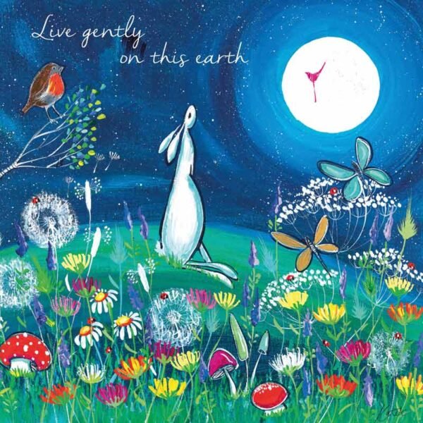 eco-friendly greeting card by artist Kate Andrew with her classic hare and moon in a meadow with a robin