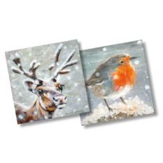 Painted Robin in snow on one card slightly behind a reindeer in snow on a slate grey background Christmas cards from the pack