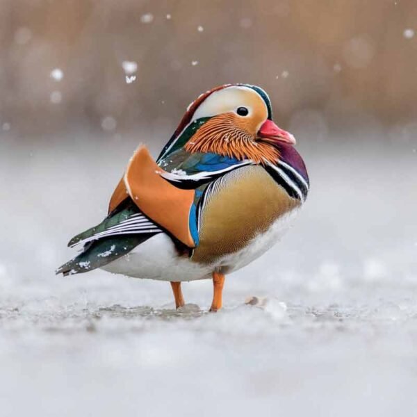 eco-friendly Christmas cards with colourful male Mandarin duck in snow in aid of The Widllife Trusts charity