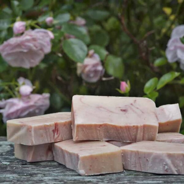 Stack of roase and geranium goats milk soap bars in front of a pink flowered rose bush