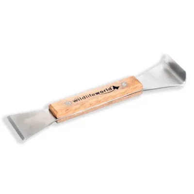 Bird table 2 in one scraper cleaning tool with 2 stainless steel scraper ends in different shapes and a wood handle in the middle imprinted with the words Wildlife World