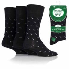 3 pairs of mens black and white and grey patterns alongside a pack of the 3 socks in their cardboard packaging.