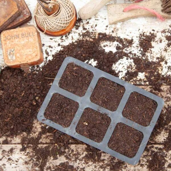 Plastic free rubber plant tray with 6 large cells filled with compost