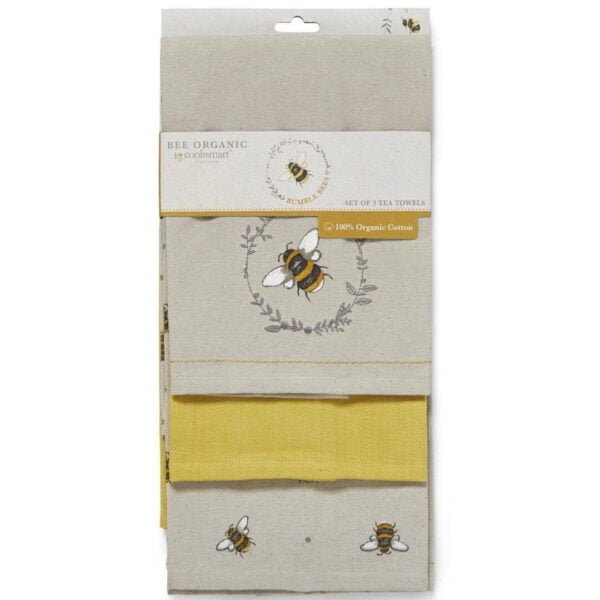 3 tea towels in light brown and mustard yellow detailed with little bumblebees by Cooksmart