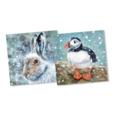 Puffin and mountain hare eco Christmas cards by Beverly Madeley