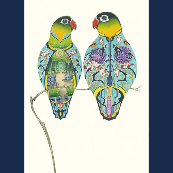 Lovebirds Greeting Card by The DM Collection showing a print of the original watercolour of two green lovebirds facing each other on a thin branch designed by Daniel Mackie