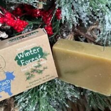 Winter Forest Goats Milk soap bar and it's kraft coloured cardboard box in a Christmas Tree