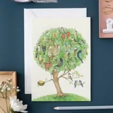 Dawn Chorus Greeting Card by The DM Collection showing a print of the original watercolour of a tree filled with British garden birds and a nest designed by Daniel Mackie