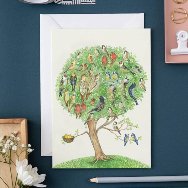 Dawn Chorus Greeting Card by The DM Collection showing a print of the original watercolour of a tree filled with British garden birds and a nest designed by Daniel Mackie