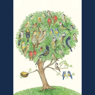 Dawn Chorus watercolour by The DM Collection showing a print of the original watercolour of a tree filled with British garden birds and a nest designed by Daniel Mackie