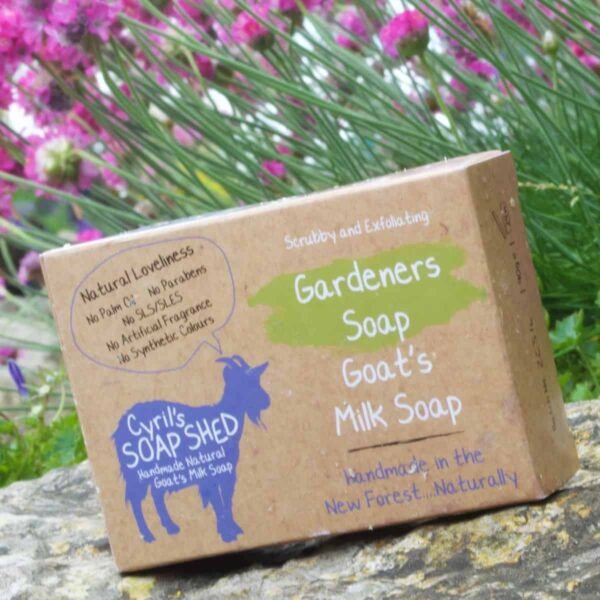 gardeners goats milk soap by Cyrils Soap Shed in it's packaging in front of a lavender plant