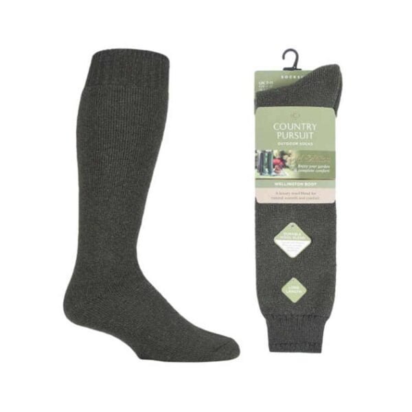 Mens wellington boot socks in green by Country Pursuit, one sock is presented as though it is being worn to show the leg heel and toe.Another lies to the right hand side in its card packaging