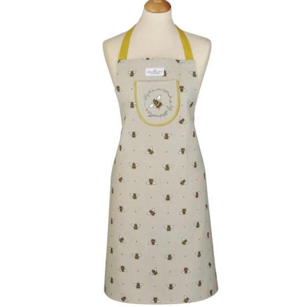 bumble bee apron made with 100% organic cotton from cooksmart. The apron is being worn by a tailors dummy so you can see the position of the pocket and straps ad the bumblebee print