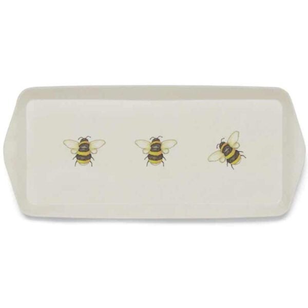 bumble bee tea tray made from eco-friendly bamboo in a natural light beige and 3 bumblebees on the tray