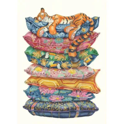 Tiger Asleep on a Pile of Cushions Greeting Card by The DM Collection