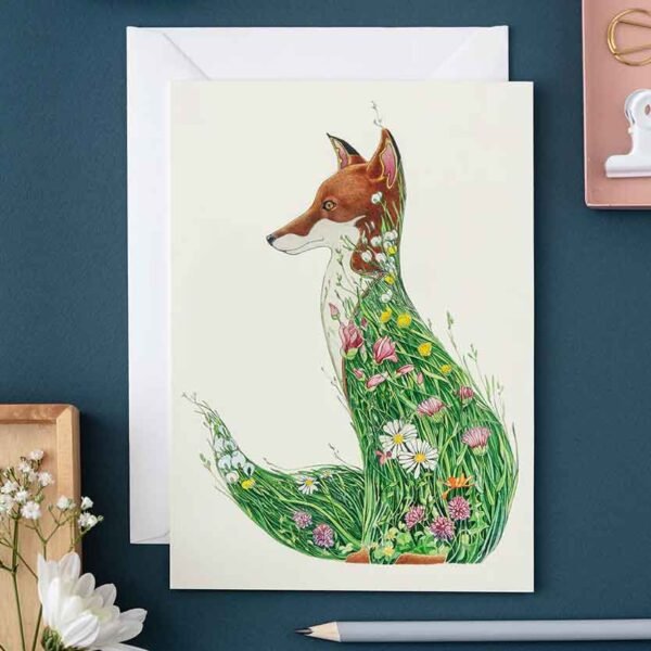 Fox in a meadow greeting card on a navy blue background