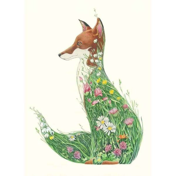 Fox in a meadow greeting card on a white background