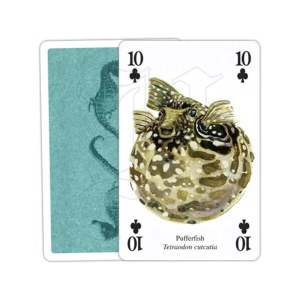 Heritage playing cards 10 of clubs from the deck of cards with a pufferfish in brown colours and the blue reverse of the card with 2 seahorses