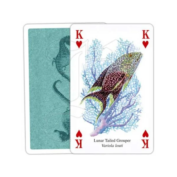 Heritage playing cards king of hearts with a luna tailed grouper from the deck of cards from Ocean Life also showing the blue reverse of the cards with 2 sea horses