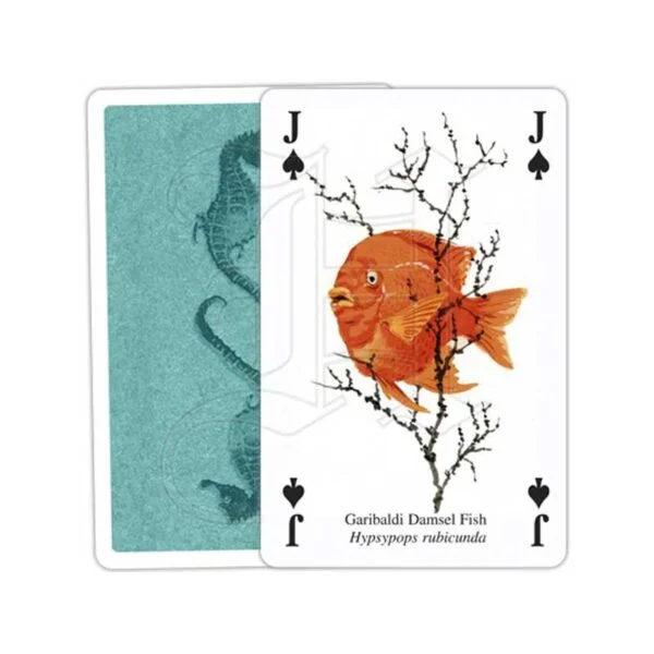 Heritage playing cards jack of spades with an orange damselfish and the reverse of the card in blue with 2 seahorses from the deck of cards