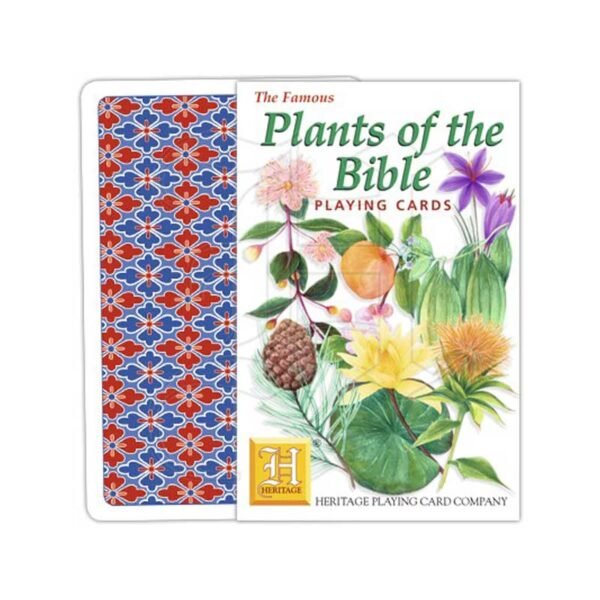 Heritage Playing Cards front of the box for the Plants of the Bible deck of cards showing floral illustrations and the reverse of the cards in a red and blue floral geometric pattern