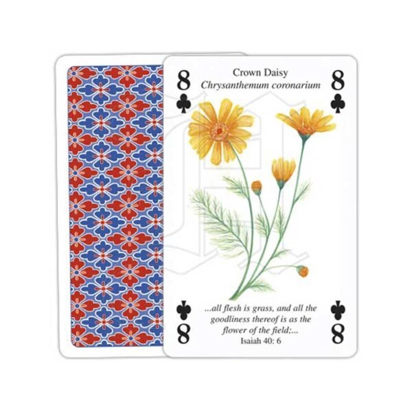 Heritage Playing Cards 8 of spades card for the Plants of the Bible deck of cards showing a yellow single Chrysanthemum and the reverse of the cards in a red and blue floral geometric pattern