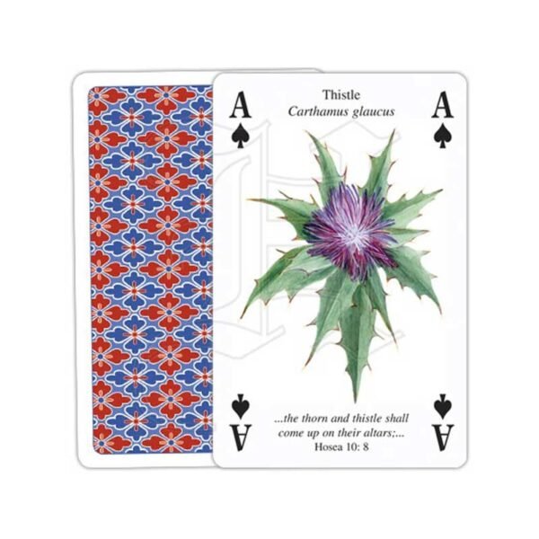 Heritage Playing Cards Ace of spades card for the Plants of the Bible deck of cards showing a thistle and the reverse of the cards in a red and blue floral geometric pattern