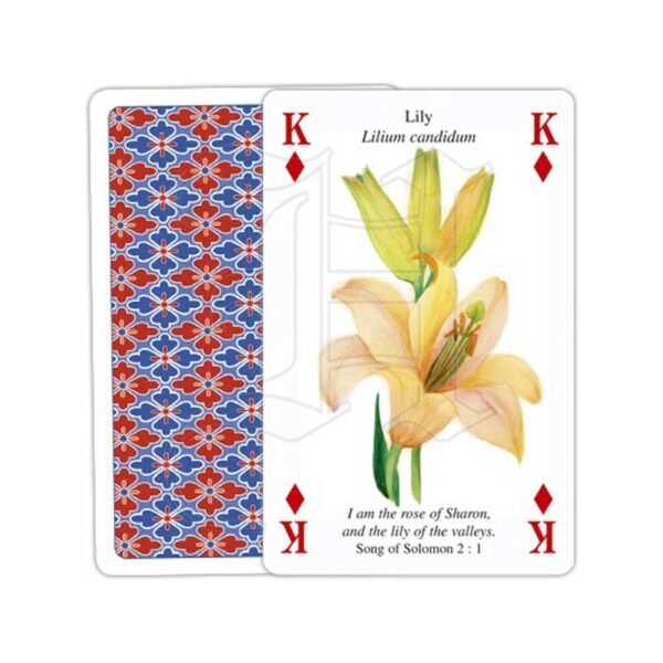 Heritage Playing Cards king of diamonds card for the Plants of the Bible deck of cards showing a white lily and the reverse of the cards in a red and blue floral geometric pattern