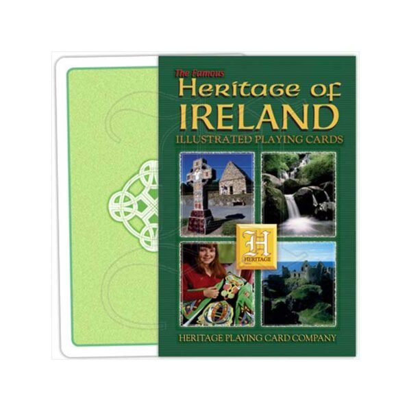 Front of the box for the Heritage of Ireland deck of cards in green with 4 images of Ireland and Irish culture, behind it the reverse of the cards in light green with a Celtic cross design