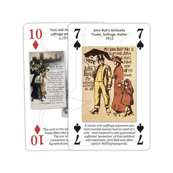 10 of diamonds and 7 of spades from the Heritage Playing Cards Votes for Women pack both depicting posters from the time.