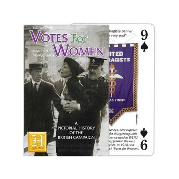 Front cover of the Heritage Playing Cards Votes for Women pack with a black and white photo of E Pankhurst being arrested outside Buckingham Palace, a card is behind with a purple banner depicted.