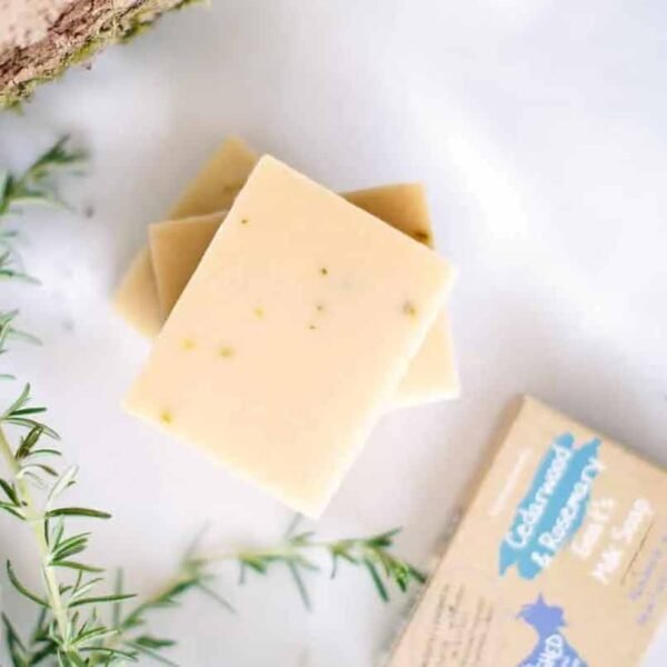 Cedarwood and rosemary goats milk soap bar stacked on top of another with the box next to it with a sprig of rosemary