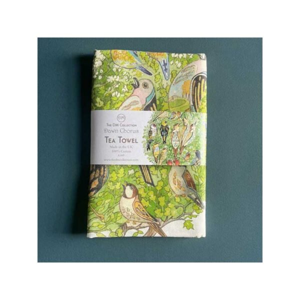 Dawn Chorus tea towel by The DM Collection showing a print of the original watercolour of a tree filled with British garden birds and a nest designed by Daniel Mackie and folded