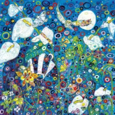 Midnight Garden greeting card with deep blue tones white flowers, a badger a hedgehog, an owl and a moth