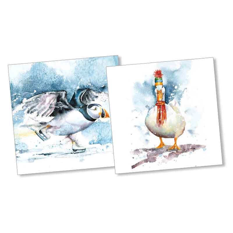 Puffin and goose eco-friendly christmas cards with 1 design illustration of a Puffin on ice skates and 1 with a white goose wearing a woolly hat and scarf