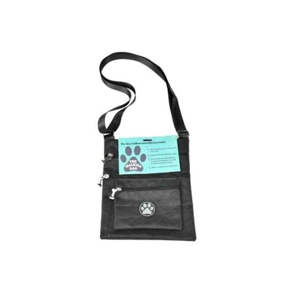 The walkies bag dog walking bag in black on a white background with its retail card