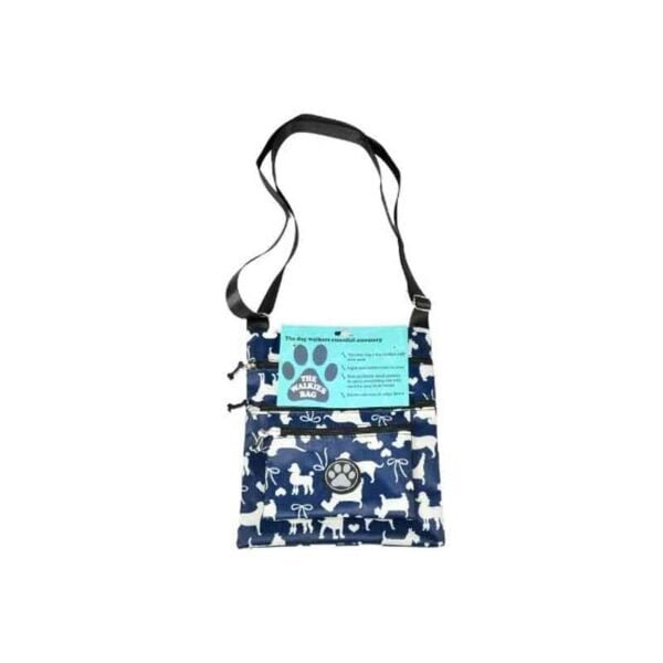 The walkies bag dog walking bag in blue with light dog and bow pattern on a white background with its retail card