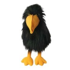 Large fluffy black crow bird puppet with a large yellow/orange beak and feet and yellow eyes with black irises peeking out from the long black fur