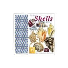 Front of the shells playing card pack with the reverse of the cards behind the pack which has a blue background and lots of little shells