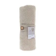 Recycled Fabric Throw in beige showing the tag and roll strap and button