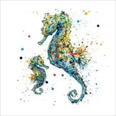 two multicoloured seahorses in pen and ink front of the mini me seahorse greeting card