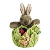Rabbit puppet in lettuce hide away puppet is proud of the lettuce with the ladybird, caterpillar, and butterfly are tucked into the lettuce leaves